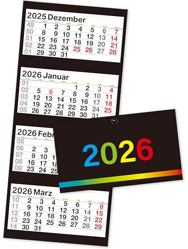 Calendario da parete 4 mesi, 2026, nero, 90 x 31,5 cm, formato grande con 4 blocchi singoli perforati, pannello posteriore pieghevole, ufficio, aula, camera da letto
