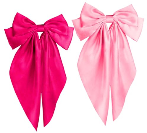 2Pcs Big Satin Layered Hair Clip for Women Girls, Large Long Bow Hair Clip Bowknot Hairpin Accessories (Pink Rose)