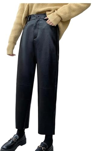 Women's Autumn Winter Pu Faux Leather Wide Leg Pants High Waist Loose Ankle Length Trousers Black XL