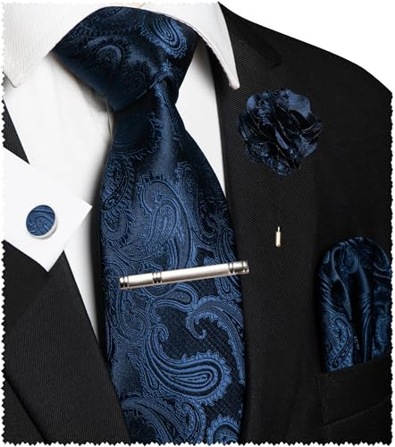JEMYGINS Ensemble de cravates brodées Paisley pour homme, mouchoir de poche, pince à cravate, boutons de manchette, pour mariage, fête, affaires, multicolore