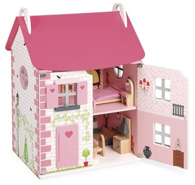 Janod - Mademoiselle Holz-Puppenhaus, 3 Etagen und mit 11 Zubehörteilen, Spielzeugnachbildung, entwickelt die Fantasie, ab 3 Jahren, J06581, Rosa