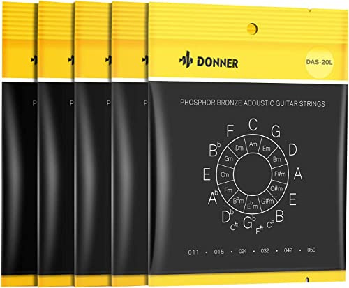 Donner Guitar Strings I Acoustic, 5-Pack Light (11-50) Phosphor Bronze Coated for 6 Steel String Guitar, Warm Tone (DAS - 20L)