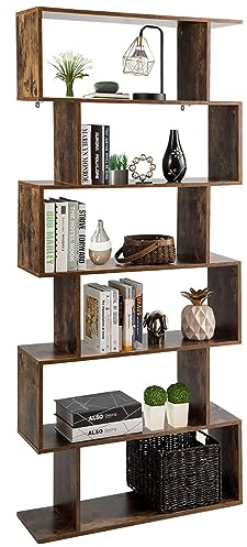 COSTWAY Scaffale a 6 Ripiani, Libreria a Forma di S, Libreria Scaffale da Terra in Legno, Divisorio per Soggiorno, Camera da Letto, Ufficio, 80 x 23 x 192 cm (Caffè)