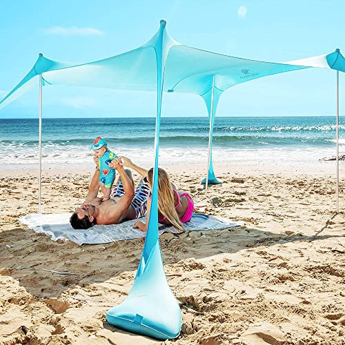 SUN NINJA Strandzelt mit UPF50+ - Sonnenschutz Strand Sonnensegel mit Sandschaufel & Erdnägeln - Strandmuschel Baby UV Schutz 50 - Beach Tent