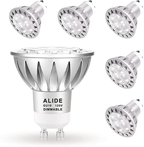 ALIDE GU10 Led Light Bulbs Dimmable AC120V,25W 35W 50W Halogen Replacement,2700K Warm White,MR16 GU10 Dimmable 2 Prong Base 5W Led Track Bulbs,450LM,38 Degrees,6Pack