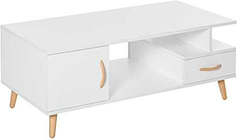 HOMCOM Modern Minimalism Coffee Table with Storage, Sofa Side Table with Shelf & Drawer for Living Room Reception Room, White