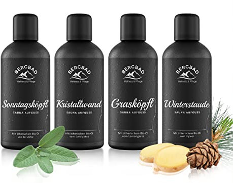 BERGBAD 4 x 100ml Set BIO Saunaaufguss Fitness I wohltuendes, erfrischendes Sauna-Aufgussmittel mit Bio-Alkohol, Wasser und 100% naturreinen ätherischen BIO Ölen