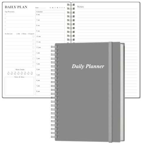 Daily Planner Undated - A5 To Do List Notebook Hourly Schedules, Spiral Appointment Planner for Women and Men, PVC Hardcover, Inner Pocket, Elastic Closure, 5.8 x 8.3, Grey