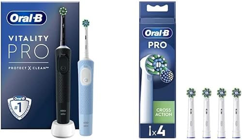 Oral-B Vitality Pro 2x Electric Toothbrushes Adults + Pro Cross Action Toothbrush Heads, 4 Pack, Gifts For Women/Him, 1 Handle, 2 Toothbrush Heads, 3 Brushing Modes With Sensitive Plus, 2 Pin UK Plug