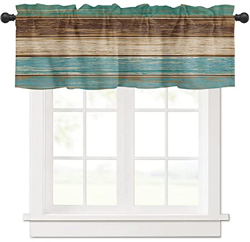 Cantonnières rustiques pour chambre à coucher, salon, stores romains rétro en bois pour fenêtres, vert sarcelle, marron, rideaux de campagne et rideaux avec passe-tringle pour fenêtre de cuisine