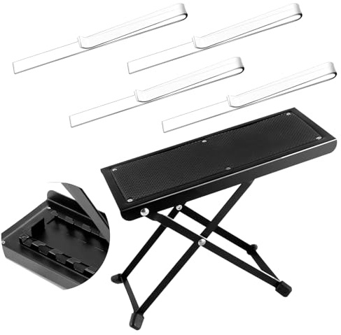 Yauhar 5Pcs Adjustable Guitar Foot Stool with 4-Level Height Adjustment and Clear Acrylic Music Book Clips, Non-Slip Folding Metal Leg Rest for Classical Guitar Players