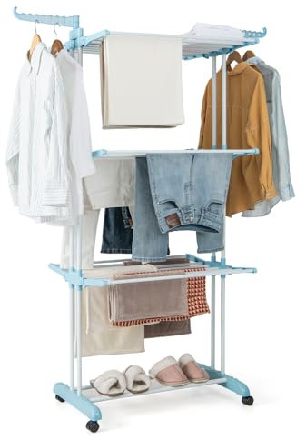 COSTWAY Stendibiancheria a Torre, Stendibiancheria Verticale Salvaspazio con Supporti per Grucce Girevoli e Piani Pieghevoli, Stendino Pieghevole con Ruote, 127x63x171cm (Blu)