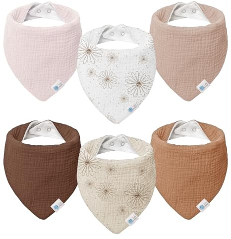 lulumoon Babero para Bebé, Muselina para Bebé,100% Algodón Transpirable pañuelo triangular para Niños y Niñas 6 Unidades,Margaritas