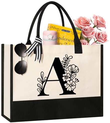 Tecanne Personalized Initial Canvas Tote Bag, Cosmetic Bags, Suitable for Birthday, Wedding, Beach, Holiday, Great Birthday Gifts for Women, Mom, Teachers, Nurses, Best Friends, Bridesmaids (A)
