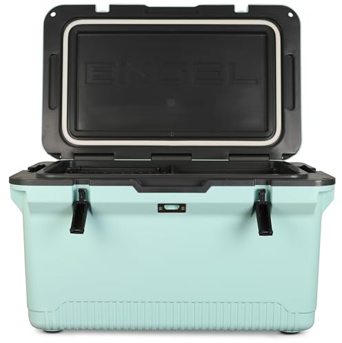 ENGEL 60 QT Ultra-Light Injection Molded Cooler - Ice Chest Keeps Ice up to 7 Days - Large Cooler Includes Wire Basket, Divider and Built-in Bottle Opener - Seafoam with Dark Grey Interior (Seafoam)