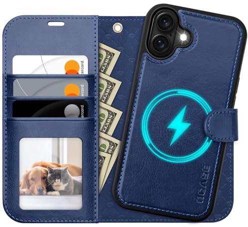 OCASE for iPhone 16 Case, Detachable 2 in 1 PU Leather Wallet Case with RFID Blocking, Wireless Charging, Card Holders, Kickstand, Shockproof Removable Phone Cover, Blue