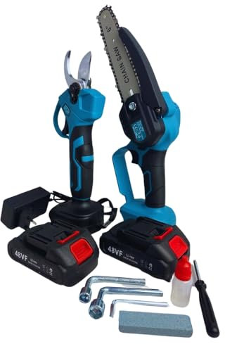 Kit Potatura, Forbici da Potatura e Mini Sega Elettrica, Motosega Lama 6, Trancia Rami Professionale Cesoie Elettriche portatile, Taglio 28 mm, con 2 Batterie da 48V, Valigetta e Accessori