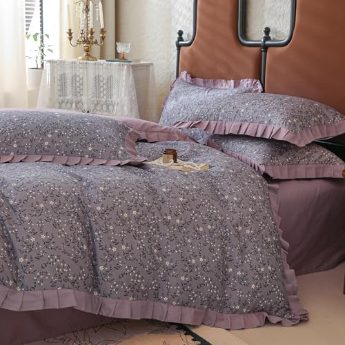 Yaofeiou Blumen Bettwäsche 135x200 Baumwolle Bettbezug Blumenmuster Lila Violett Rüschen Bettwäsche Damen Mädchen Vintage Blumen Wendebettwäsche mit Reißverschluss und 1 Kissenbezug 80x80