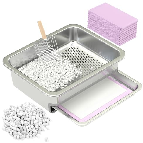 Dual-Layer Stainless Steel Cat Sifting Litter Box - Odor Control Tray with Zeolite Litter Pellets, Includes Scoop, Pads & Trays