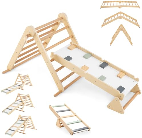 DREAMADE Triangle d'escalade Montessori, 3 en 1 pour Enfants de 3+ Ans, Structure en Bois avec Rampe Double Face, Jouet d'escalade Intérieur