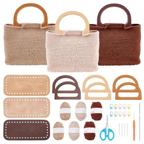 FREEBLOSS 3 Set Crochet Bag Kit for Beginners 3 Colors Tote Bag Set with Step-by-Step Video Tutorials Knitting Kit Crochet Beginners Set for Adults