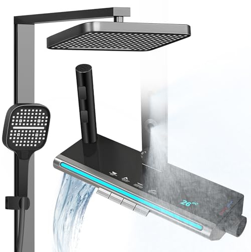 Duscharmatur komplett set med temperatur LED-skärm, duschsystem svart inklusive LED-belysning, 32 x 22 cm duschhuvud och duscharmatur med 3 funktioner handdusch, 4 x ryggspray och 1,5 m duschslang
