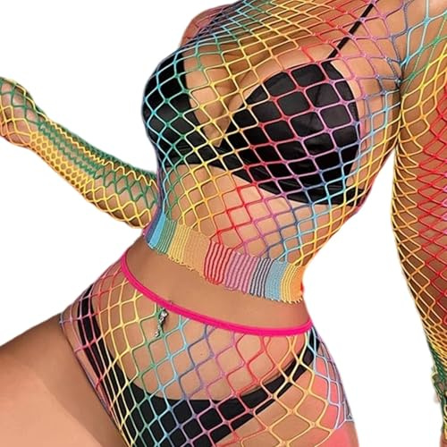 KRYMXAR Tenue de festival pour femme, haut en maille arc-en-ciel, tenue rave, haut sexy en maille, tenue de cosplay, festival de musique, fête