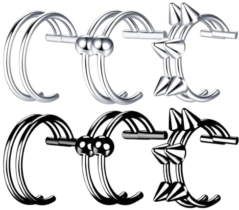 Nzexlyva 12 Pcs Fake Lip/Nose Piercing Set, Stainless Steel Nose Ring Fake Lip Piercing, 3 Styles (Spike/Ball/Plain) Silver & Black for Festivals Cosplay & Daily Wear No Pierced Jewellery for Women