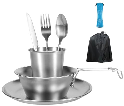 Stoviglie da campeggio per 1 persona, in acciaio inox, set di posate da campeggio, da campeggio, da cucina, con coltello, forchetta, cucchiaio, piatto, ciotola con custodia, accessori da campeggio per