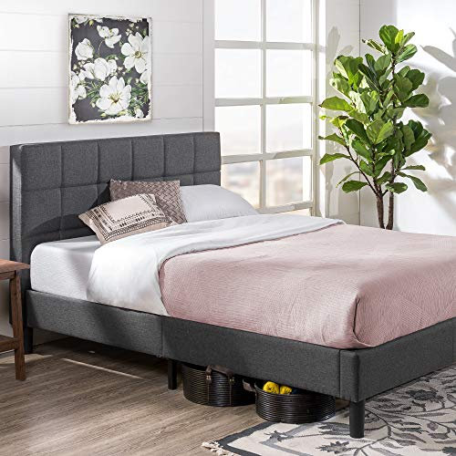 Zinus Lottie Upholstered Bed Frame with Headboard | Double 135x190 cm | 35 cm High | Padded, Stiched Headboard | Wood Slat Support | Easy Assembly | Grey