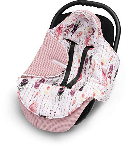 EliMeli Einschlagdecke für Babyschale 100% Baumwolle - Leichte Baby Decke für Autositz aus Waffelstoff und Baumwolle für den Sommer und Frühling, universal z.B. Maxi Cos (Rosa - Federn)