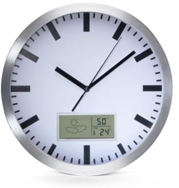 Perel Wanduhr, rund, analog, 25 cm, LCD-Display mit Thermometer, Hygrometer und Wettervorhersage, Aluminium, Silber