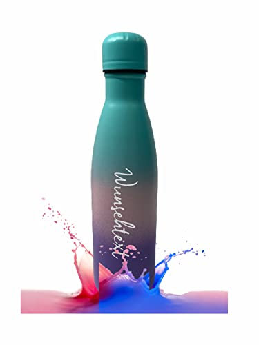 Personalisierbare Trinkflasche aus Edelstahl | Perfekter Begleiter für Sport, Schule, Outdoor Aktivitäten | Lasergravur von Wunschtext und Wunschmotiv | 0,5 l (Türkis-rosa-lila)