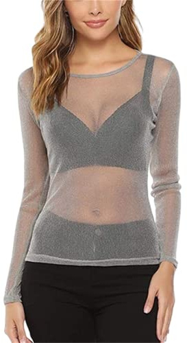ORANDESIGNE T-Shirt à Manches Courtes en Maille pour Femmes Mesh Crop Top Y2k Sexy Transparent Haut en Résille Perspectif Slim Fit Fête Blouse Clubwear Z1 Gris L