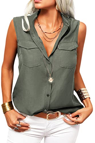 GeGekoko Damblus V-ringad, vardaglig, snygg, ärmlös blus, blus med knappar, Army Green., XL