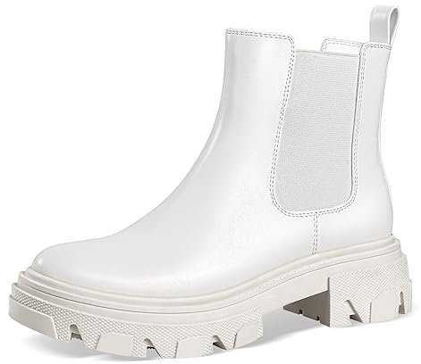 PIZZ ANNU Chelsea Boots Damen Classic Stiefeletten mit Dicker Sohle Elegant Biker Boots Plateau Basic Stiefel EU 39 Weiß