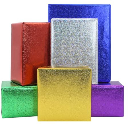 Carta da regalo glitterata, 6 fogli di carta da regalo multicolore con stelle laser, oro, argento, rosso, verde, viola, blu, glitterato, carta per origami, per compleanni, Natale, retrò, carta da
