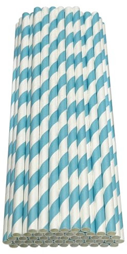 Haobase 50 cannucce di carta biodegradabili per bere cocktail, caffè, bevande fredde (motivo a strisce) (bianco/lago blu)