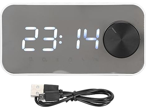 Réveil Numérique avec Haut-Parleur Bluetooth, Radio-réveil Multifonction, Suppression du Bruit, Affichage de la Température, Diffusion Vocale, Radio FM, Réveil Miroir(Blanc)