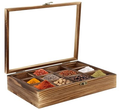 Donened Caja de té con 12 compartimentos, caja de almacenamiento para té y especias, con tapa transparente y cuchara, caja de té extraíble