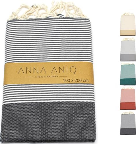 ANNA ANIQ Grande serviette de hammam 100 x 200 cm - Serviette de voyage, serviette de plage XXL - 100 % coton - Fouta Pestemal - Serviette de plage - Paréo - Serviette de plage (noir)