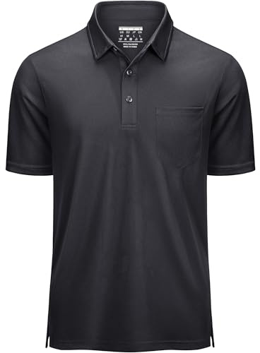 KEFITEVD Polotröja, herr, kortärmad med bröstficka, ventilerande golfpikétröja, polyester, t-shirt, män, sommar, knappslå pikétröja, svart, L