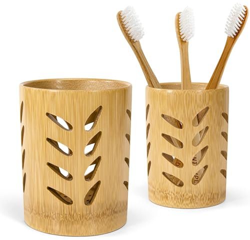 Porta Spazzolini in Bambù, Porta Dentifricio da con Drenaggio ad Asciugatura Rapida, Bicchiere da Spazzolino Penne Matite per Letto Ufficio Dormitorio Cucina