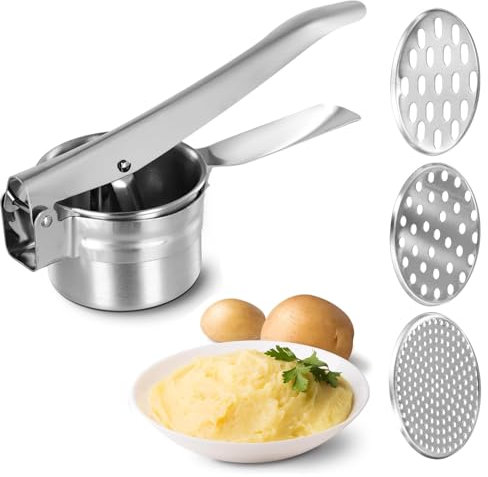 Spaghettieispresse,Manuelle Kartoffelpresse,Professionell Kartoffelstampfer aus Edelstahl mit 3 austauschbaren Scheiben,Kartoffelpresse Edelstahl für Kartoffelpüree,Babynahrung,Zitrone Auspressen