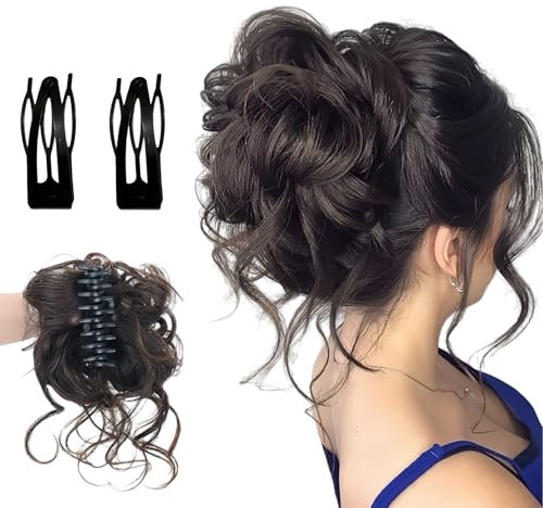 TenaLucy Haarteil mit Klammer,Dutt Haarteil Bun Haar Scrunchies Lockige Messy Bun haarteil Pferdeschwanz Verlängerung Klaue Clip(Braun Schwarz)