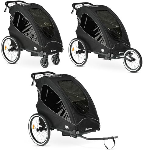 Deryan Luxe 3-en-1 Remorque de vélo – Remorque de vélo, poussette & poussette de jogging – Buggy multifonctionnel avec harnais 5 points – Noir