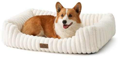 COZY KISS Large Orthopedic Dog Bed - Soft Washable Dog Sofa for Pet, Warm and Cute Faux Fur Rectangle Bed with High Surrounding for Medium Dogs, Fluffy, Non-Slip, 35x25x8 inch, Cream