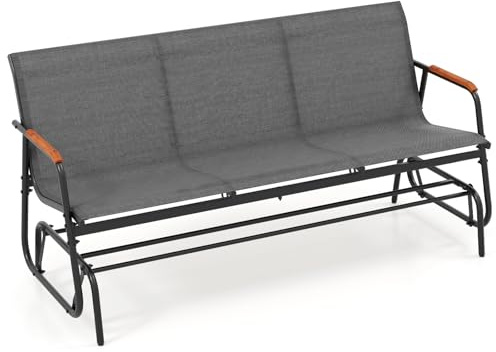 COSTWAY Banc Exterieur Jardin à Bascule, Banc de Jardin à 3 Places, Charge 450 kg, Accoudoirs en Bois de Teck, Coussinets Réglables, Cadre en Métal, Banquette pour Porche Cour Balcon, 169 × 74 × 84 cm