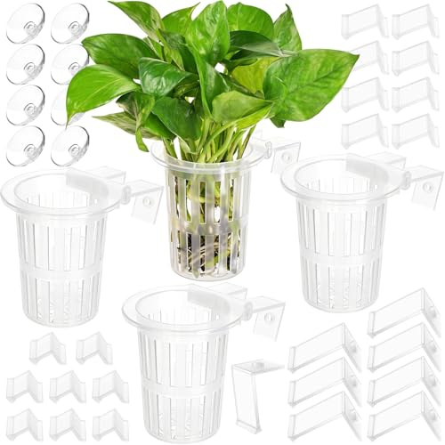 Borlech 2025 New Upgraded Large Aquarium Plant Holder with Hooks and Suction Cups for Fish Tank Aquaponic Plant Cultivation and Aquascape Accessories Decorations (4 PCS) Transparent