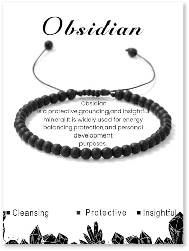LOCCY Pulsera de cristal para mujer, pulsera de piedra natural de 4mm, pulsera de piedras preciosas ajustable, pulseras de cuentas de yoga para mujer (Obsidiana)